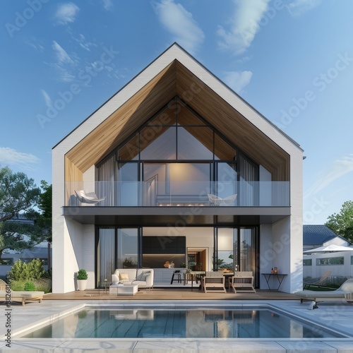 Modern coastal style house with wooden exterior, large glass doors, and a pool in the foreground