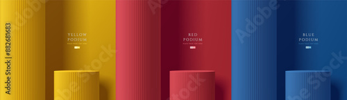 Set of 3D red, blue and yellow product podium background with huge pillars. Abstract composition in minimalist design. 3D studio display showroom product pedestal, Fashion stage showcase mockup scene.