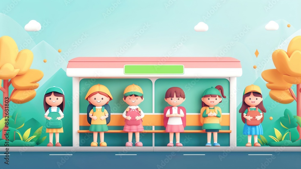 Cute 3D schoolchildren at bus stop, back to school, soft background. Back to school concept. Cute 3D schoolchildren at bus stop, back to school, soft background. Back to school concept.