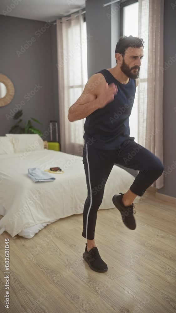 A bearded man in athletic wear exercising in a modern bedroom with a bed and mirror in the background, depicting a healthy lifestyle. A bearded man in athletic wear exercising in a modern bedroom with a bed and mirror in the background, depicting a healthy lifestyle.