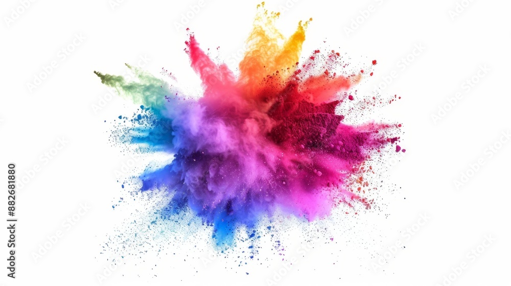 Explosive burst of multicolored powder spreading in all directions on a white background, Explosive burst of multicolored powder spreading in all directions on a white background,