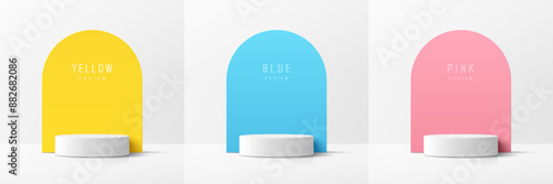 Set of 3D white product podium with blue, pink, yellow in arch shape backdrop. Abstract geometric composition in minimal design. Studio showroom product pedestal, Fashion stage showcase mockup scene.