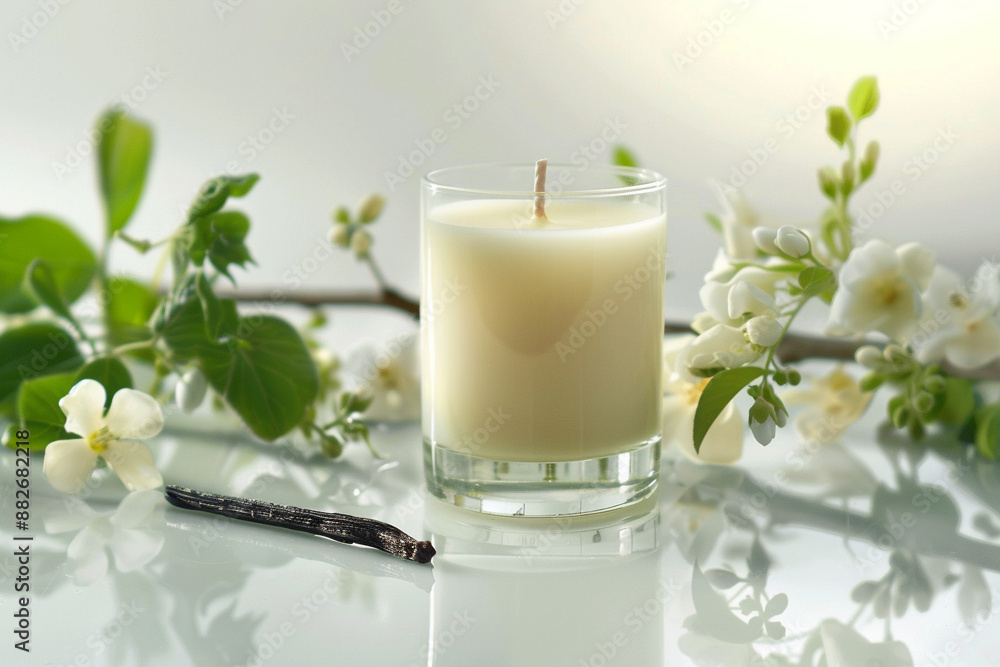 Vanilla Candle with Blossoms. A serene composition featuring a lit white candle, vanilla beans, and white blossom Vanilla Candle with Blossoms. A serene composition featuring a lit white candle, vanilla beans, and white blossom