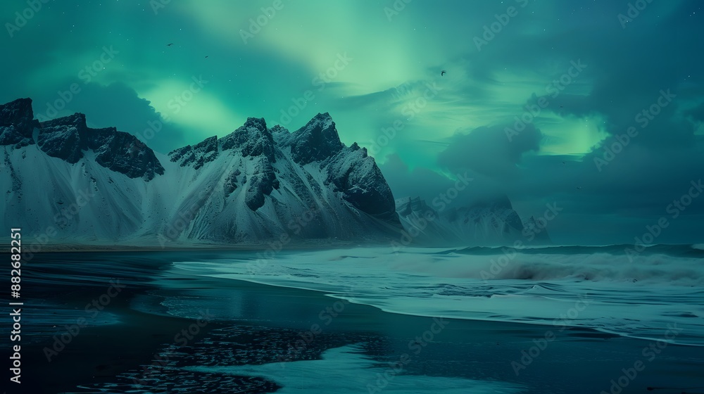 Naklejka premium Amazing view of green aurora borealis shining in night sky over snowy mountain ridge with black sand stockness beach and vestrahorn mountain in background in iceland.