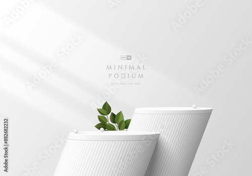 3D white round product podium background with green leaf, lighting. Abstract composition in minimalist design. 3D studio display showroom cosmetic product pedestal, Fashion stage showcase mockup scene