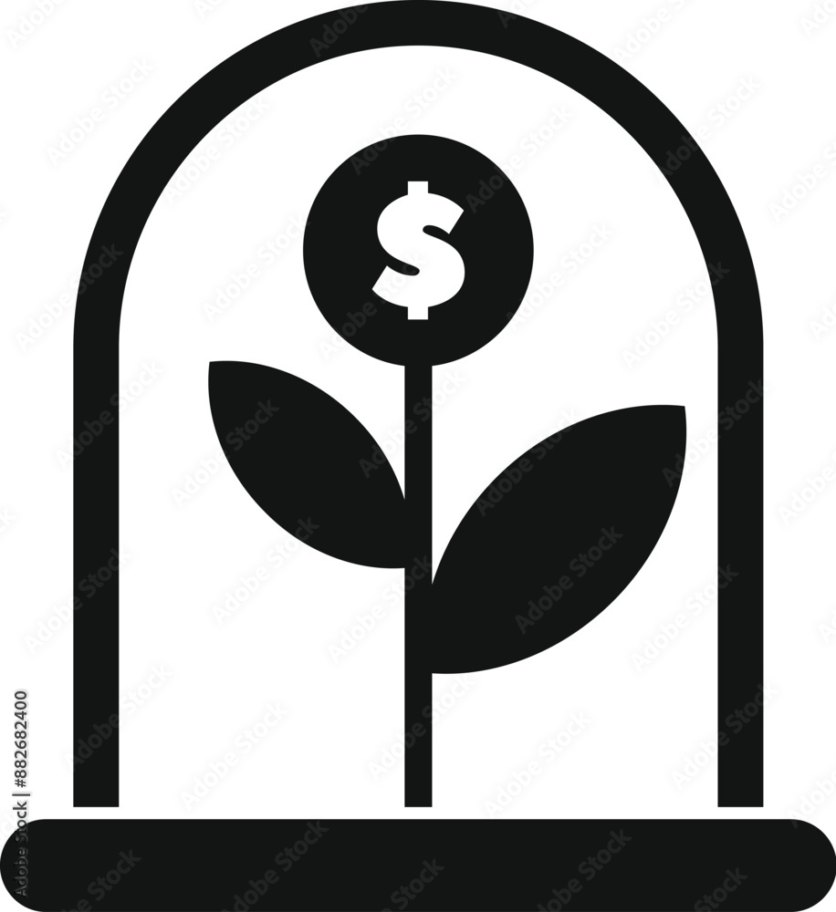 Black and white icon of a money plant growing under a protective glass cover, representing safe and secure investment growth Black and white icon of a money plant growing under a protective glass cover, representing safe and secure investment growth