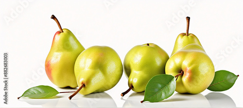 Fresh, juicy pears arranged artfully with a backdrop of rich, green leaves for a charming effect
