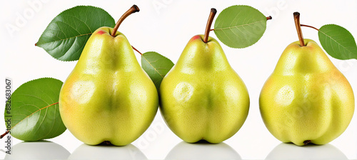 A delightful grouping of succulent pears beautifully complemented by lush, vibrant green leaves

