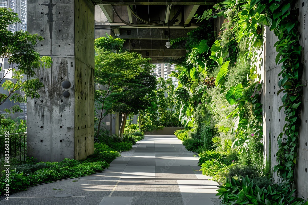 Concrete jungle with lush greenery, city and nature coexistence, urban oasis Concrete jungle with lush greenery, city and nature coexistence, urban oasis