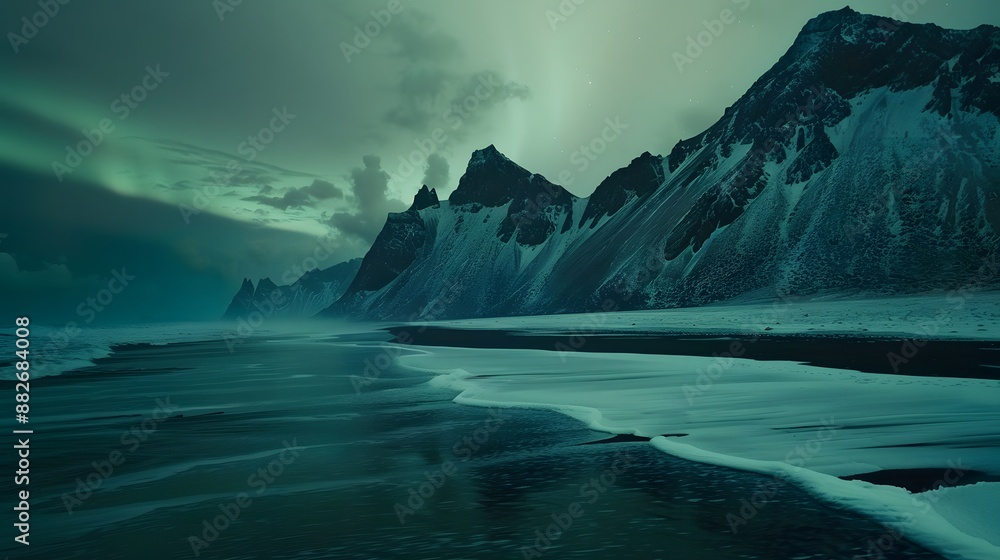 Fototapeta premium Amazing view of green aurora borealis shining in night sky over snowy mountain ridge with black sand stockness beach and vestrahorn mountain in background in iceland.