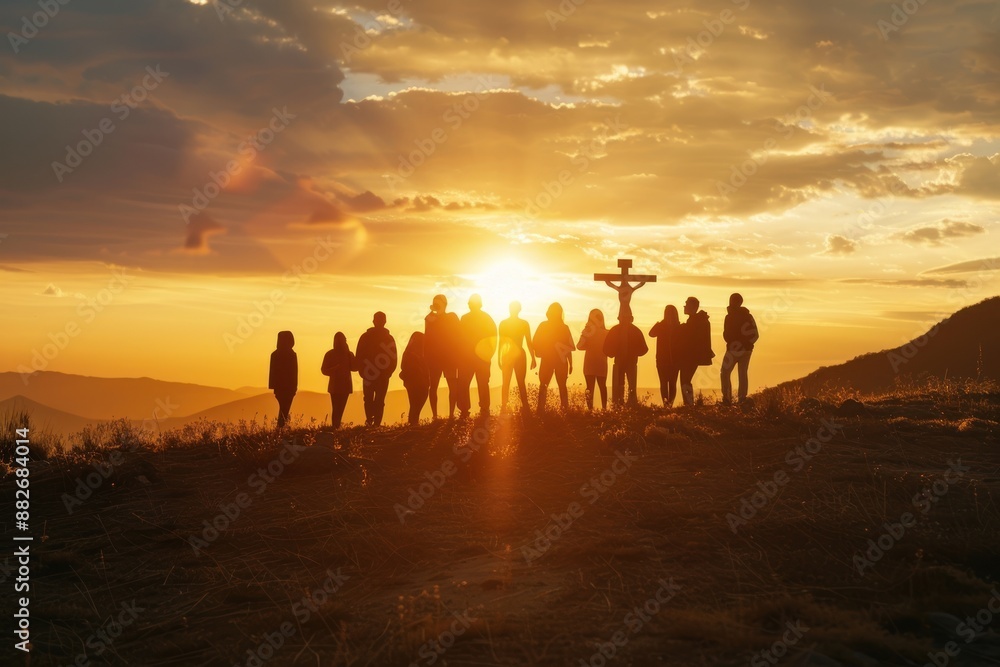 Group of People Holding Cross and Praying people cross sun. Group of People Holding Cross and Praying people cross sun.