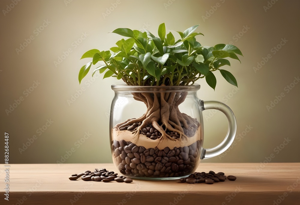 Cultivating coffee tree in the interior. Young tree, Coffee plant and coffee cups Cultivating coffee tree in the interior. Young tree, Coffee plant and coffee cups