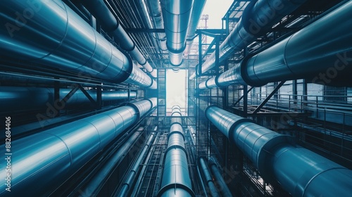 A view looking up from the bottom of a large industrial building, revealing a skylight and many pipes © Anna