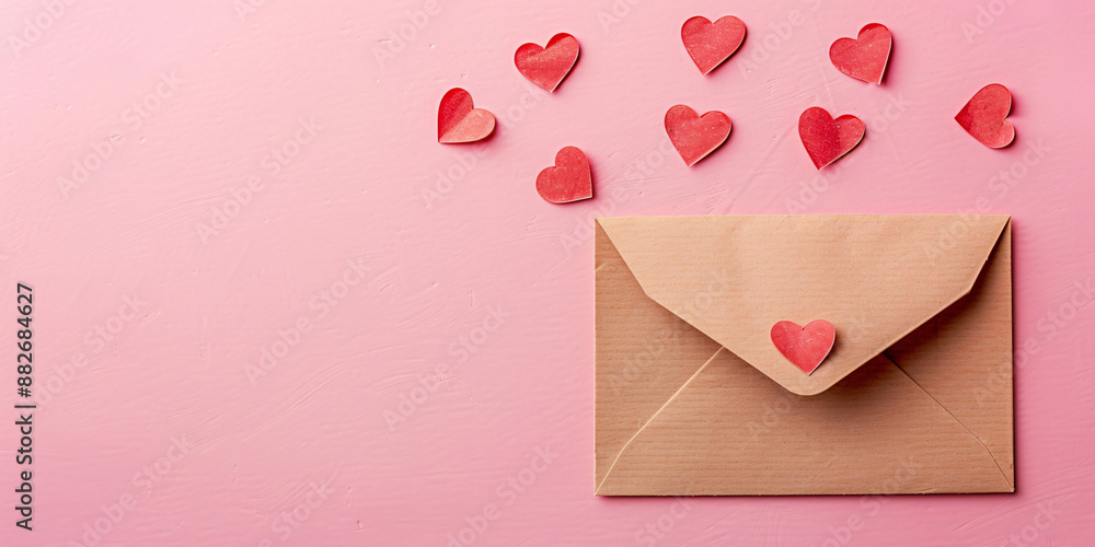 Love letter envelope with paper craft hearts on pink Valentine's or anniversary background with copy space. Suitable for romantic messages or celebrations. Love letter envelope with paper craft hearts on pink Valentine's or anniversary background with copy space. Suitable for romantic messages or celebrations.