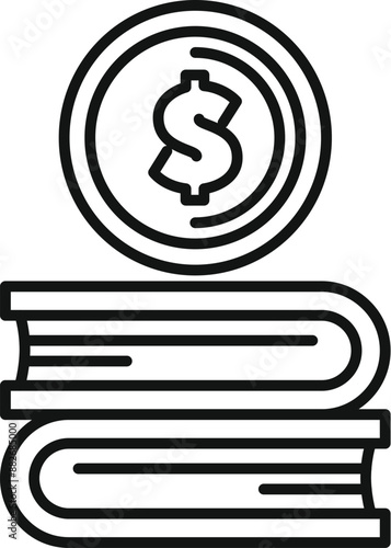 Simple line art illustration of a dollar coin balancing on a stack of books, representing the concept of saving for tuition
