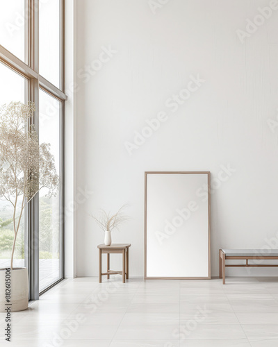 Interior design living room composition with a mirror, a large window and minimal furniture. Apartment interiors with plain lighting and copy space.