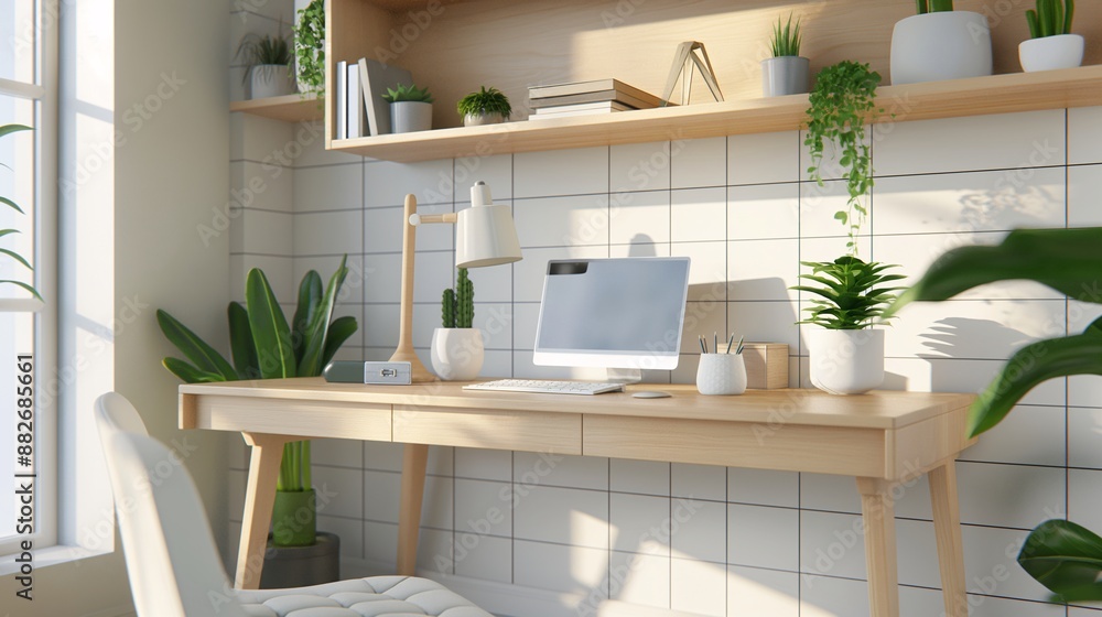 Fototapeta premium A cozy home office with a modern desk, laptop, and potted plants