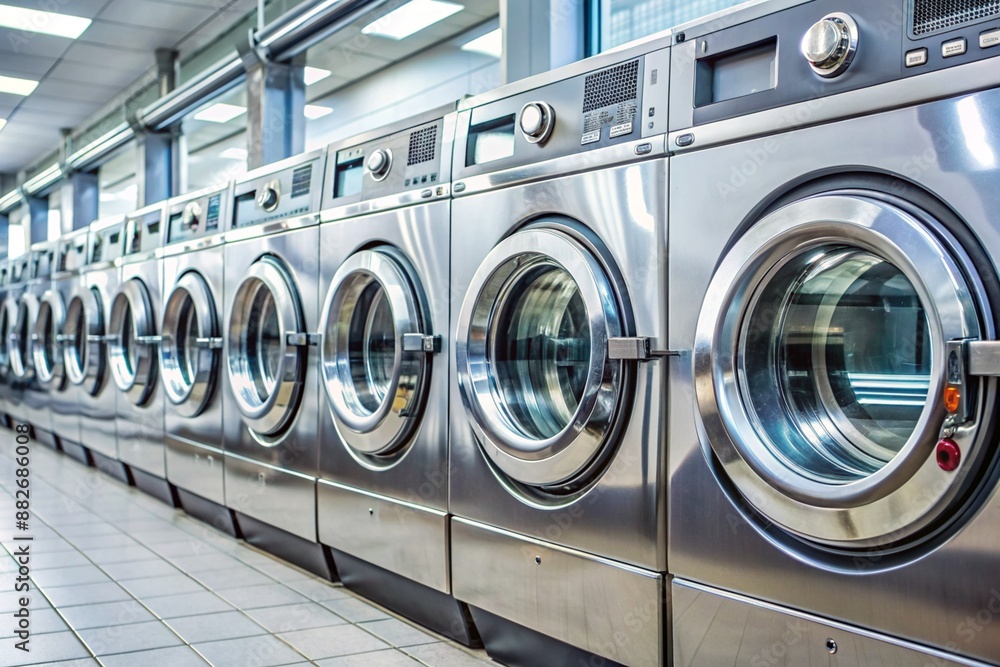 A row of silver washers and dryers are lined up in a laundromat A row of silver washers and dryers are lined up in a laundromat