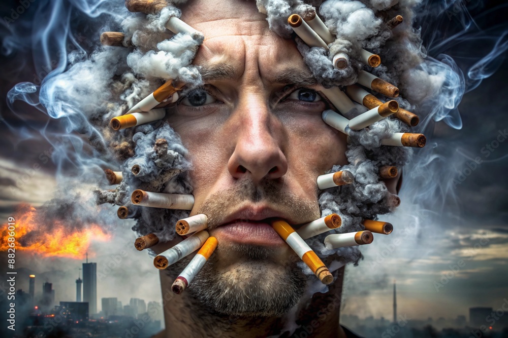 Fototapeta premium A man is wearing a mask of cigarettes and is smoking
