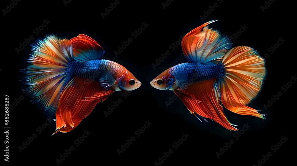 Betta Fish Flaring Aggressively in Mirror with Intense Colors and Detailed Textures Betta Fish Flaring Aggressively in Mirror with Intense Colors and Detailed Textures
