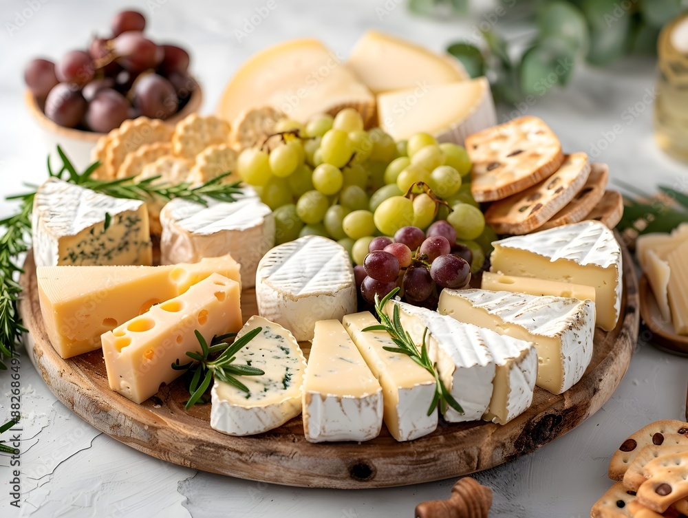 Elegant Cheese Platter with Diverse Textures and Flavors Sophisticated Presentation for Gourmet Dining or Entertaining Elegant Cheese Platter with Diverse Textures and Flavors Sophisticated Presentation for Gourmet Dining or Entertaining
