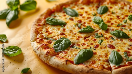 Golden Crusted Cheese Pizza with Fresh Basil on Vibrant Colorful Background