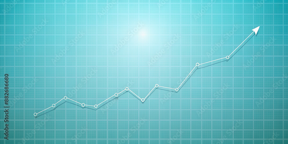 Fototapeta premium Upward trending simple line graph on a light blue background with subtle grid pattern, showcasing consistent and steady market growth over time.
