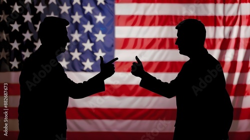 Two men stand facing each other, silhouetted against an American flag, representing conflict or disagreement. photo