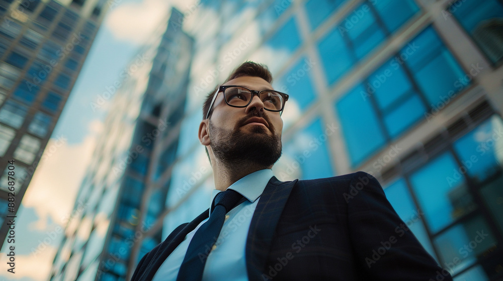 Man in formal attire outside a skyscraper Man in formal attire outside a skyscraper