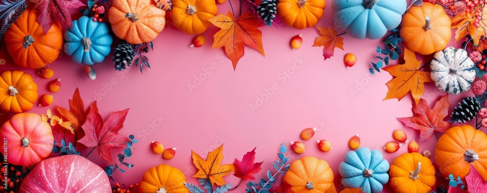 Fototapeta premium Colorful autumn arrangement of pumpkins and leaves on a pink background. Perfect for fall, harvest, and seasonal themes.