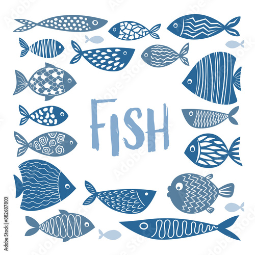 Collection of vector hand-drawn cute fish in flat style. Big set of fish body vector icons. Vector illustration for icon, logo, print, icon, card, emblem, label, sticker.eps