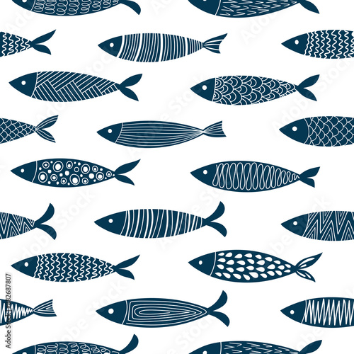 Fish seamless pattern. Hand-drawn vector fish illustration. Geometric and modern. Different types of fish bottom..eps