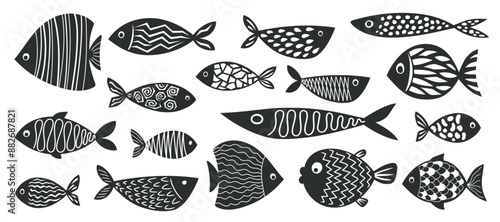 Set of fish with geometric design. Black silhouettes. Isolated vectors.eps