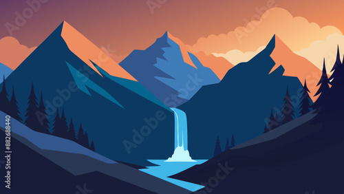 Vector Illustration of mountains and a waterfall landscape