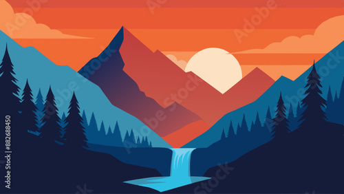 Vector Illustration of mountains and a waterfall landscape
