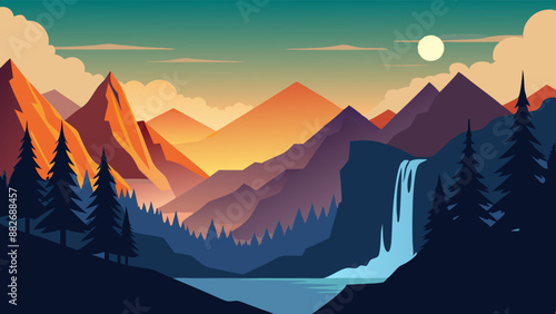 Vector Illustration of mountains and a waterfall landscape