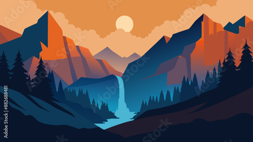 Vector Illustration of mountains and a waterfall landscape