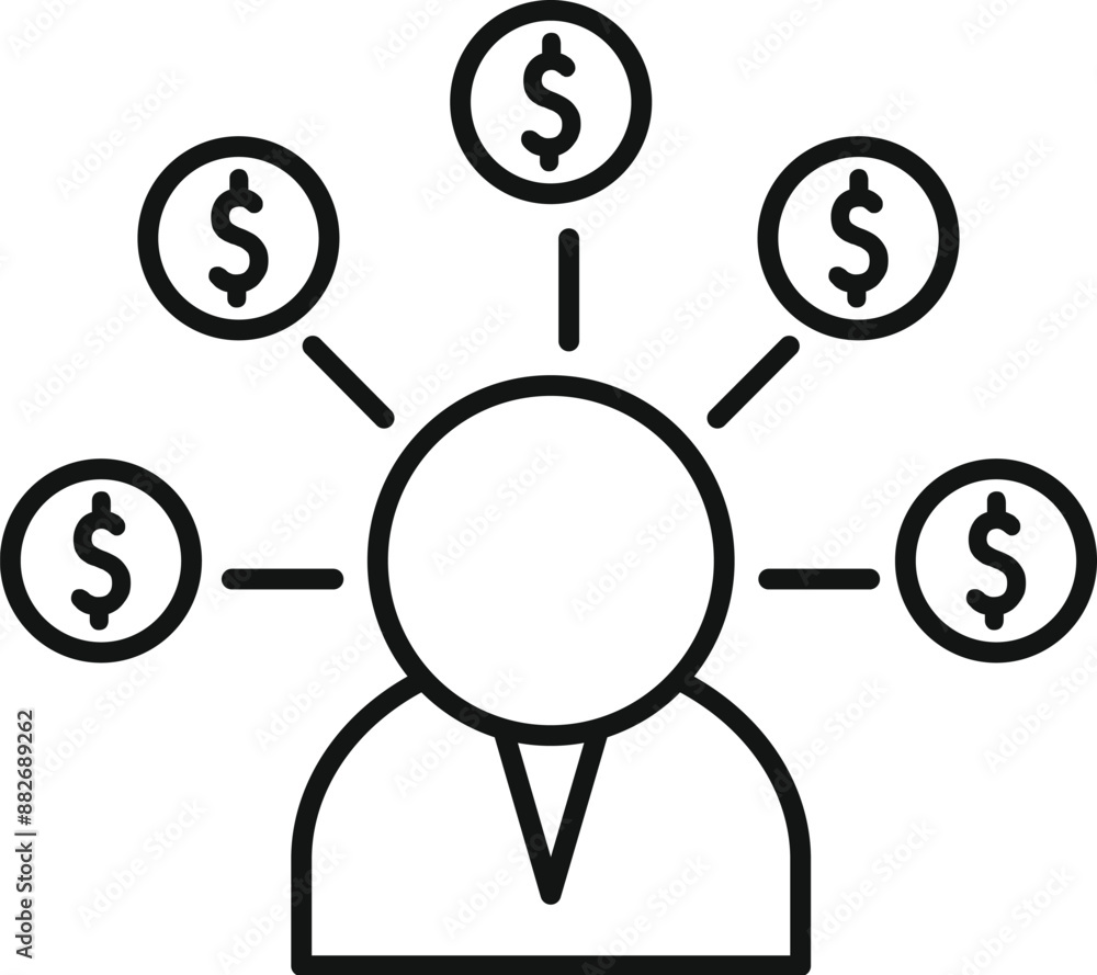 Line art icon of a businessman generating multiple sources of revenue Line art icon of a businessman generating multiple sources of revenue