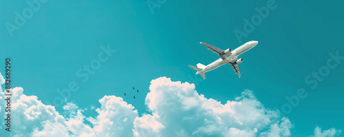 photo of a white airplane flying in the blue sky with clouds, banner for a web design or travel company, wide format, copy space concept, high resolution