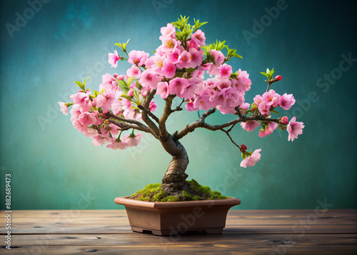 Wallpaper Mural Delicate pink cherry blossoms unfold on a miniature bonsai tree, surrounded by lush green foliage, set against a soft, gradient blue background, exuding serenity. Torontodigital.ca