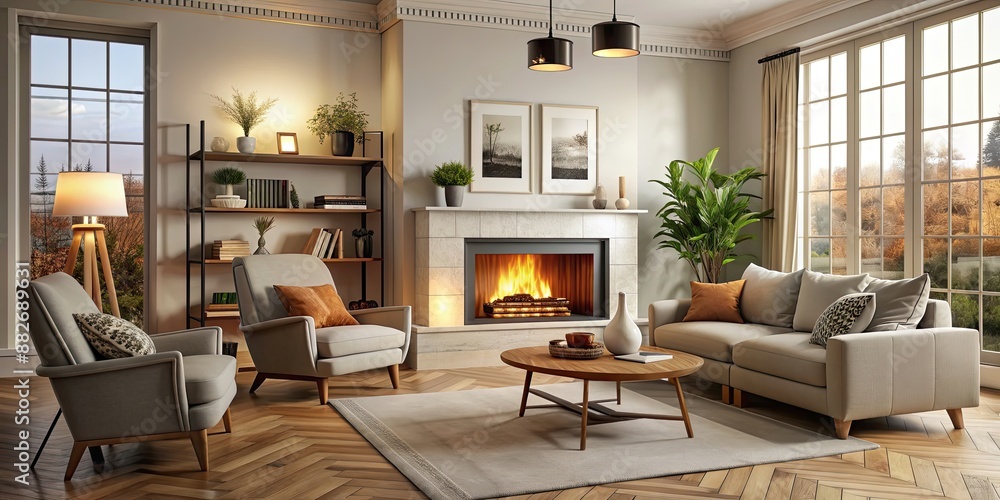 Cozy living room interior with a fireplace and comfortable furniture, cozy, living room, interior, fireplace, comfortable Cozy living room interior with a fireplace and comfortable furniture, cozy, living room, interior, fireplace, comfortable