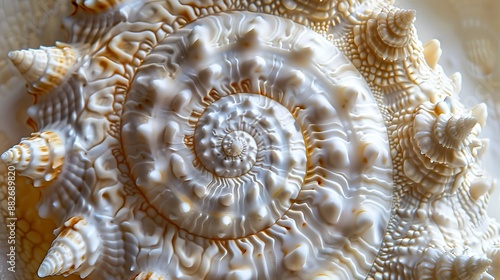 A close-up photograph of an ivory-colored seashell, highlighting its intricate details and texture.