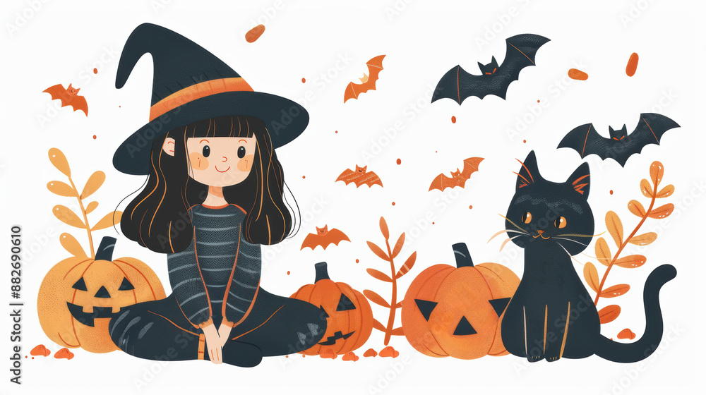 Cute illustration of a girl in a witch costume sitting with a black cat, pumpkins, and bats, perfect for Halloween celebrations. Cute illustration of a girl in a witch costume sitting with a black cat, pumpkins, and bats, perfect for Halloween celebrations.