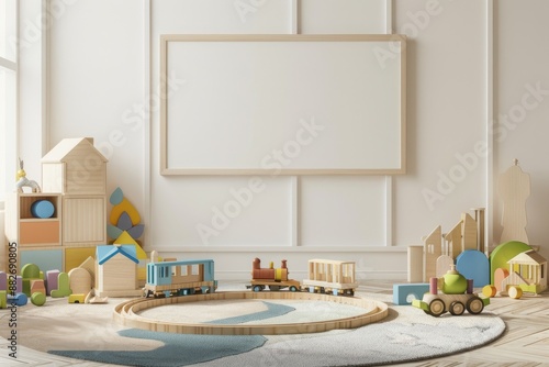 Creative Play Area with Wooden Train Set and Blank Canvas Mockup for Children's Imagination