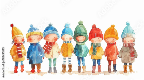 A group of children in winter clothing, standing in a line, each with colorful outfits and hats. Watercolor illustration.