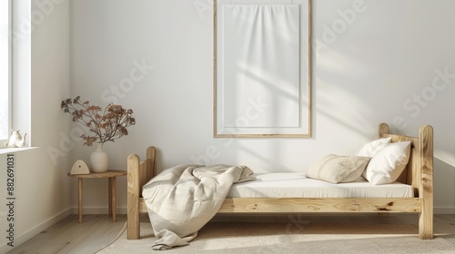 Serene Minimalist Children's Room with Wooden Bed and Blank Poster Mockup on White Wall