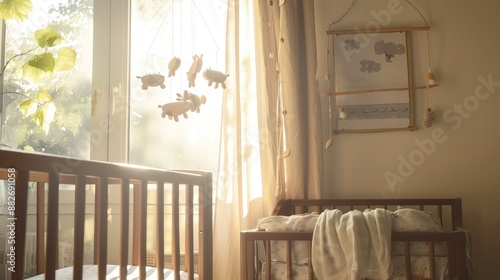 Serene Nursery Decor with Wooden Mobile, Sunlight, and Blank Poster Mockup