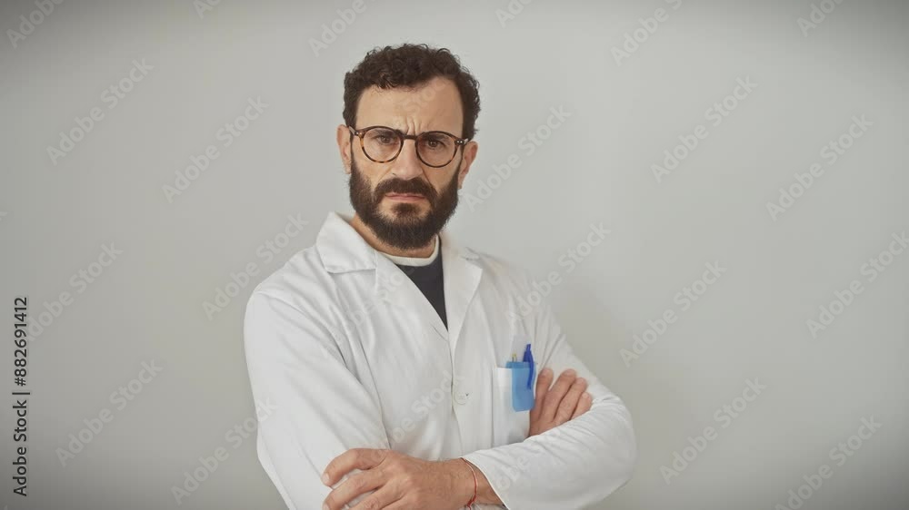 Middle age man, donning a scientist uniform, arms crossed in skeptic negativity. nervous, disapproving expression paints his face, isolated against a white background. Middle age man, donning a scientist uniform, arms crossed in skeptic negativity. nervous, disapproving expression paints his face, isolated against a white background.