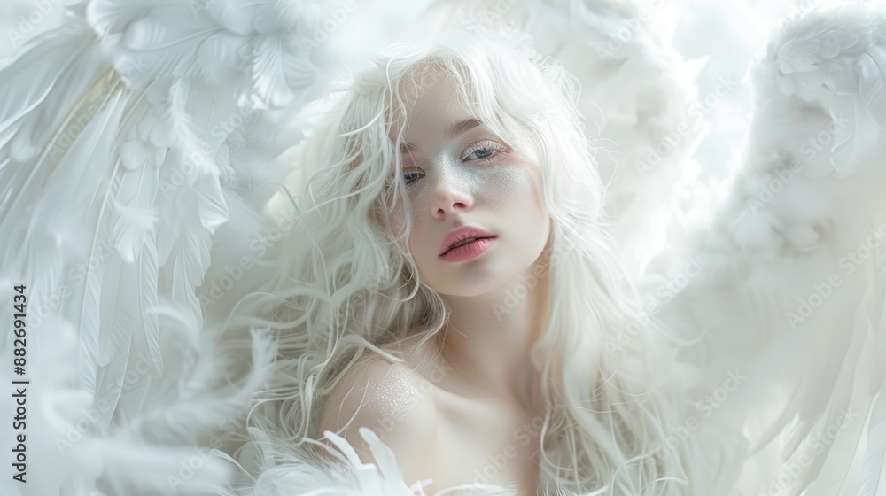 A surreal and ethereal portrait of a white-haired woman surrounded by angelic wings, exuding a heavenly and dreamy atmosphere. A surreal and ethereal portrait of a white-haired woman surrounded by angelic wings, exuding a heavenly and dreamy atmosphere.