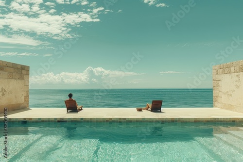 A minimalist image of a person lounging on a poolside deck chair.